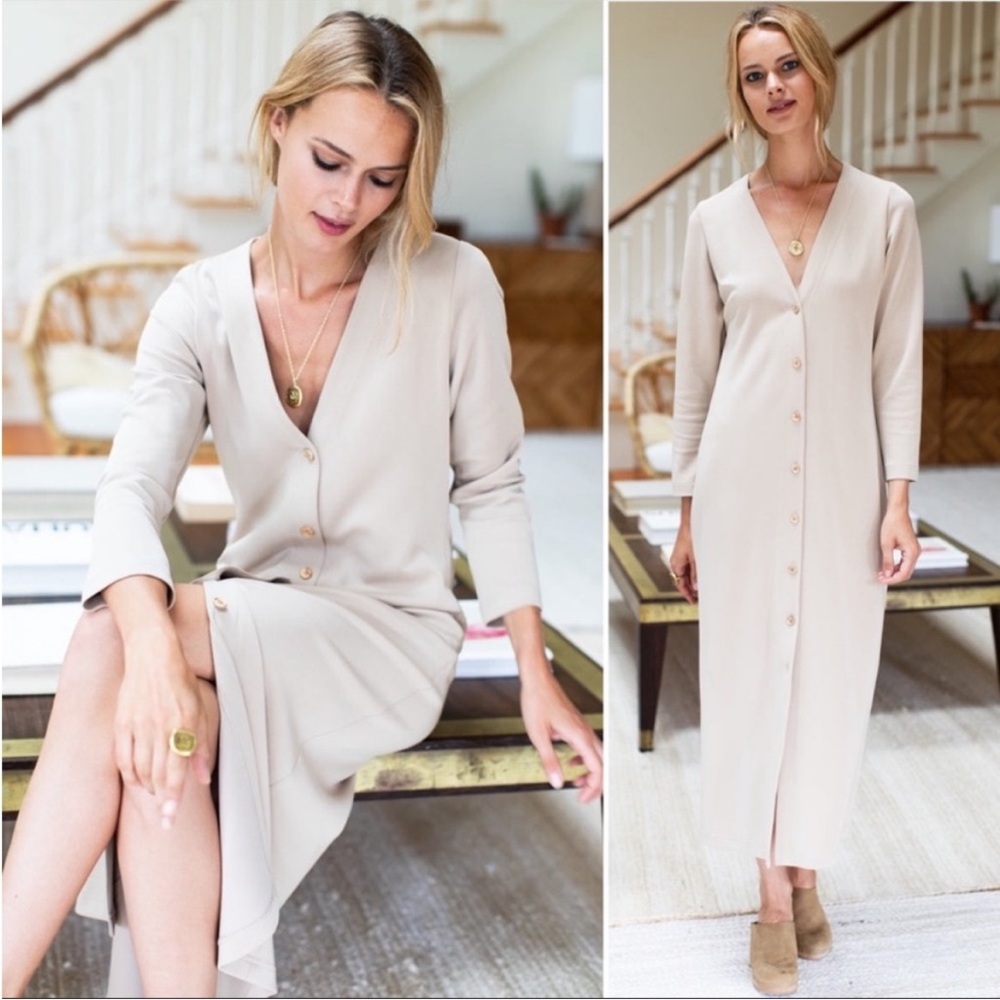 Emerson Fry Long V Neck Dress Size  long sleeve xs wheat button front